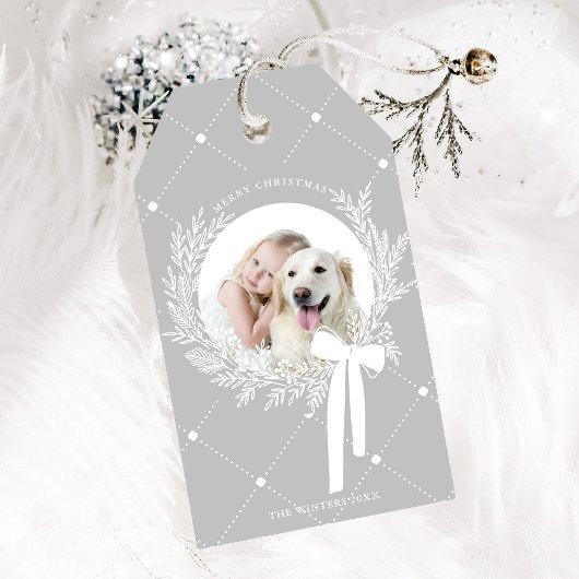 Zilver Grijs & Wit Kerst Krans Foto Cadeaulabel