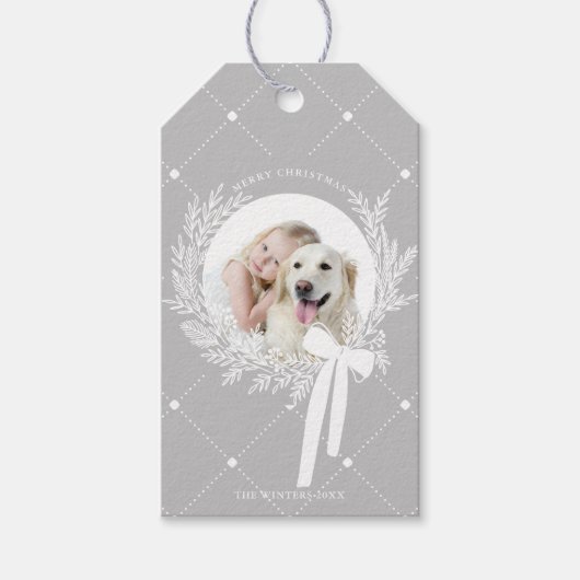 Zilver Grijs & Wit Kerst Krans Foto Cadeaulabel (Voorkant)