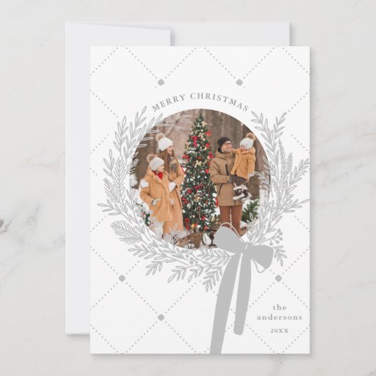 Zilver Grijs & Wit Kerst Krans Foto Feestdagenkaart (Voorkant)