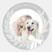 Zilver Grijs & Wit Kerst Krans Foto Ronde Sticker (Voorkant)