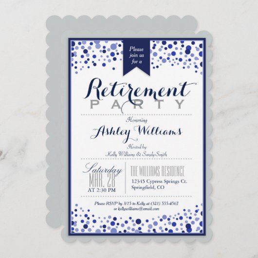 Zilver Grijs, Wit, Marine Blauw Pensioenfeest Kaart (Voorkant / Achterkant)
