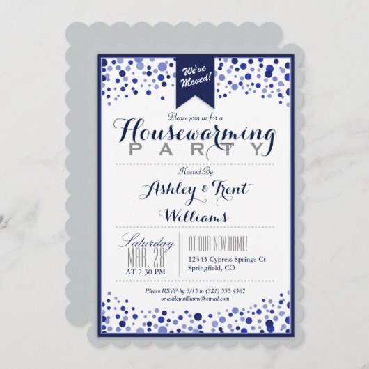 Zilver Grijs, Wit, Navy Blue Housewarming Party Kaart (Voorkant / Achterkant)