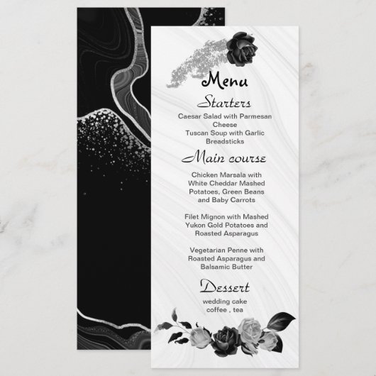 Zilver Grijs & Zwart Bloemen Bruiloft Menu (Voorkant / Achterkant)