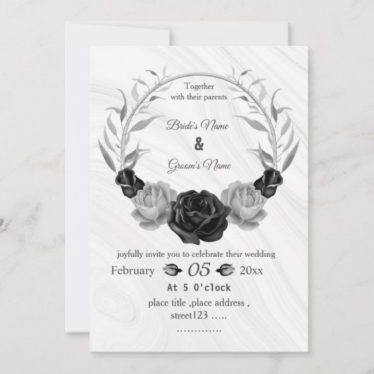 Zilver grijs & zwart bloemenkrans bruiloft kaart (Voorkant)