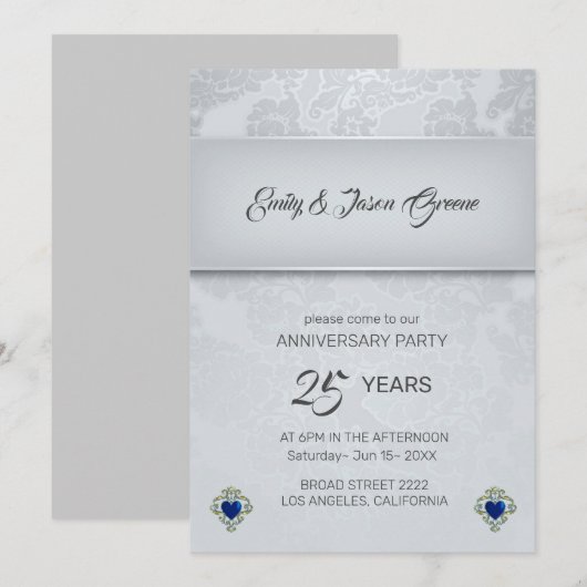 Zilver grijze Damask en blauw hart Kaart (Voorkant / Achterkant)