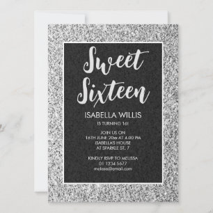 Zilver grijze sparkles Sweet 16 elegant script Kaart