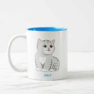 Zilver-grijze tabby poes & gepersonaliseerde tekst tweekleurige koffiemok