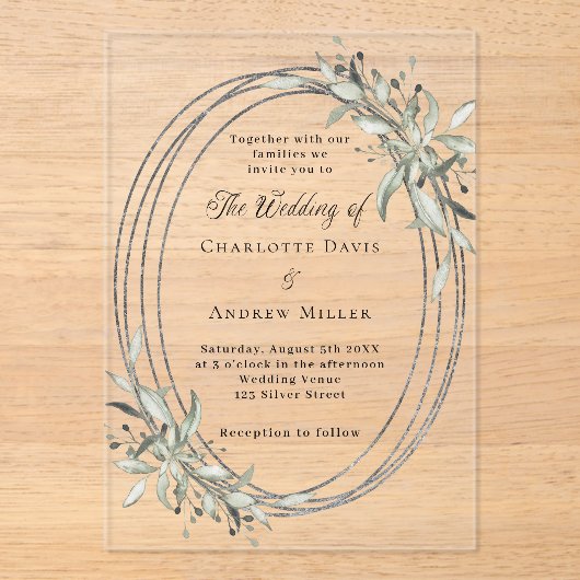 Zilver groen duidelijke bruiloft acryl uitnodigingen (Voorkant)