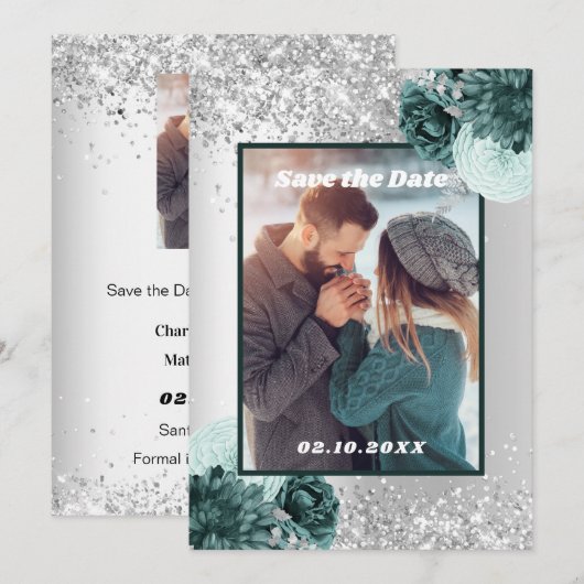 Zilver groene bloem foto Bewaar de datum bruiloft (Voorkant / Achterkant)