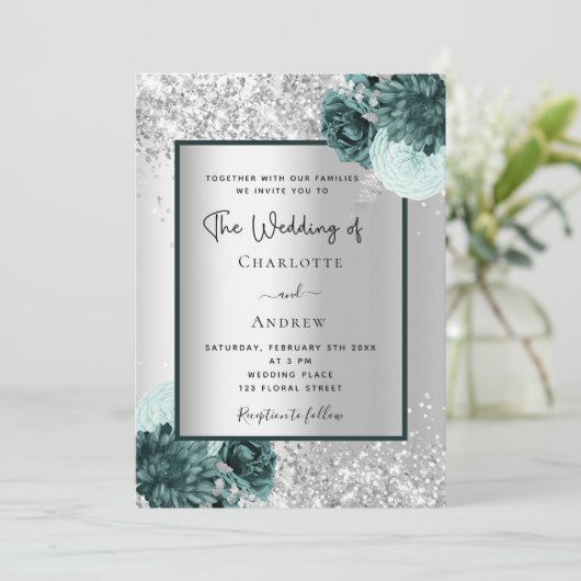 Zilver groene bloemen bruiloft kaart (Staand voorkant)