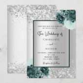 Zilver groene bloemen bruiloft kaart (Voorkant / Achterkant)