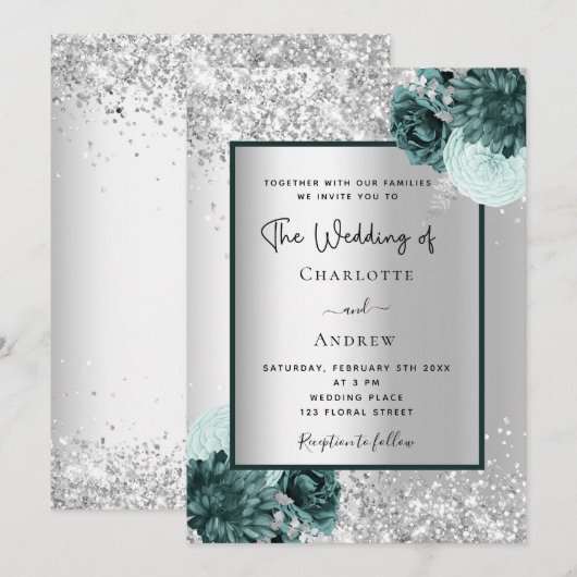 Zilver groene bloemen bruiloft kaart (Voorkant / Achterkant)