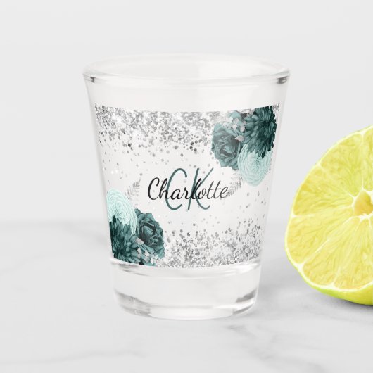 Zilver groene bloemen elegante monogram naam shot glas (Voorkant)