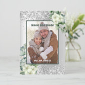 Zilver groene bloemen foto Save the Date bruiloft (Staand voorkant)