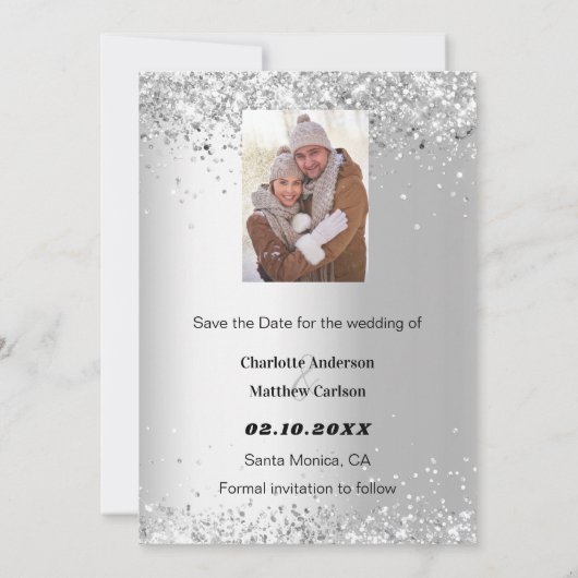 Zilver groene bloemen foto Save the Date bruiloft (Achterkant)