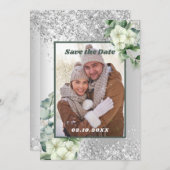 Zilver groene bloemen foto Save the Date bruiloft (Voorkant / Achterkant)