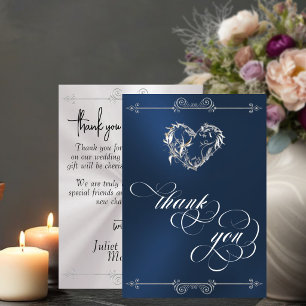Zilver Hart & Calligrafie op Blauw/Wit Bedankkaart
