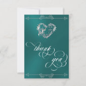 Zilver Hart & Calligrafie op Turquoise/Wit Bedankkaart (Voorkant)