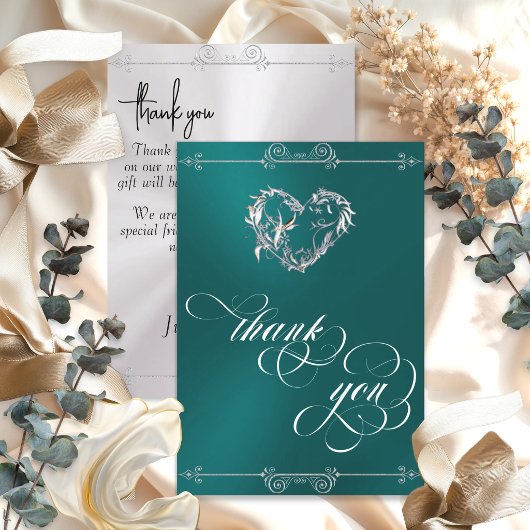 Zilver Hart & Calligrafie op Turquoise/Wit Bedankkaart