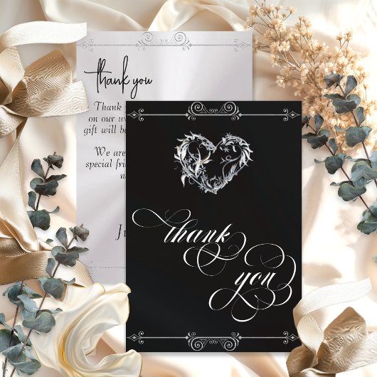 Zilver Hart & Calligrafie op Zwart/Wit Bedankkaart