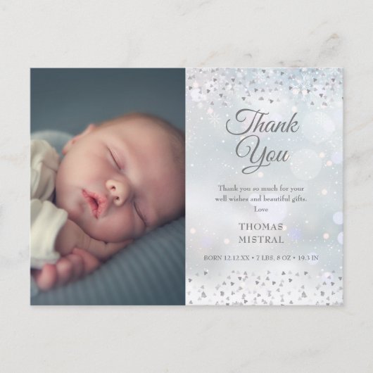 Zilver Hartjes Bedankt Foto Winter Baby Geboorte Aankondigingskaart (Voorkant)