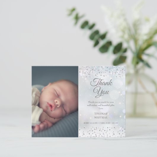 Zilver Hartjes Bedankt Foto Winter Baby Geboorte Aankondigingskaart (Staand voorkant)