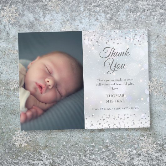 Zilver Hartjes Bedankt Foto Winter Baby Geboorte Aankondigingskaart