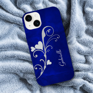 Zilver Heart Swirl Sparkle on Blue Case-Mate iPhone Case