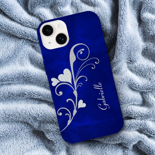 Zilver Heart Swirl Sparkle on Blue Case-Mate iPhone Case