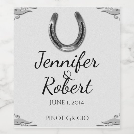 Zilver Hoefijzer op White Wedding Wine Label Wijn Etiket (Enkel label)