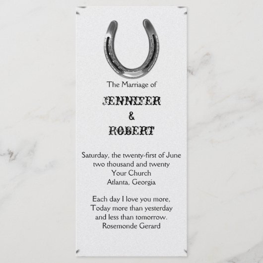 Zilver Hoefijzer op wit bruiloft programma Programmakaart (Voorkant)