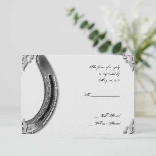 Zilver Hoefijzer op Witte Bruiloft Respons Kaart (Staand voorkant)