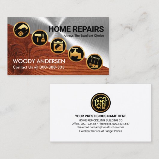 Zilver Hout Diagonaal Goud Handyman Gereedschap Visitekaartje (Voorkant / Achterkant)