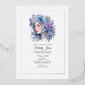 Zilver, Icy Blue en Lila Bloemen Vrijgezellenfeest Folie Uitnodiging (Voorkant)