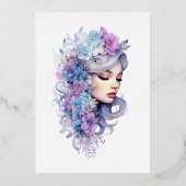 Zilver, Icy Blue en Lila Bloemen Vrijgezellenfeest Folie Uitnodiging (Achterkant)