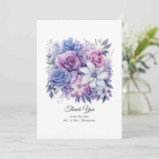 Zilver, Icy Blue en Lila Bloemenbruiloft Bedankkaart (Staand voorkant)