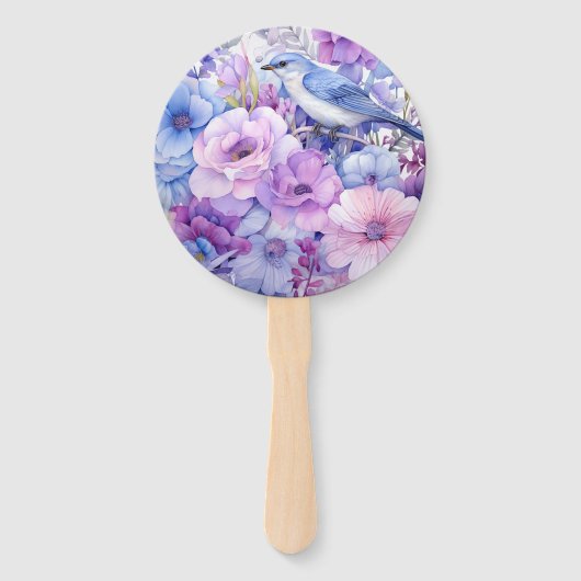 Zilver, Icy Blue en Lila Bloemenbruiloft Handwaaier (Achterkant)