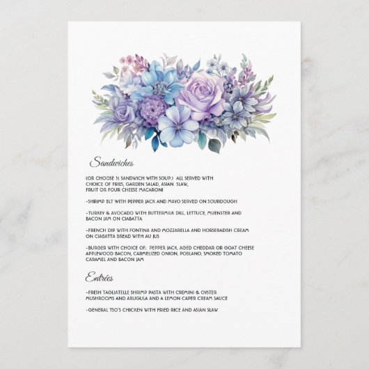 Zilver, Icy Blue en Lila Bloemenbruiloft Menu (Achterkant)