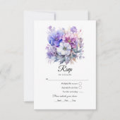 Zilver, Icy Blue en Lila Bloemenbruiloft RSVP Kaartje (Voorkant)