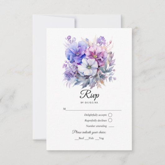 Zilver, Icy Blue en Lila Bloemenbruiloft RSVP Kaartje (Voorkant)