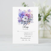 Zilver, Icy Blue en Lila Bloemenbruiloft RSVP Kaartje (Staand voorkant)