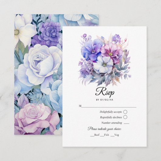 Zilver, Icy Blue en Lila Bloemenbruiloft RSVP Kaartje (Voorkant / Achterkant)