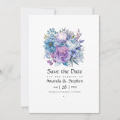 Zilver, Icy Blue en Lila Bloemenbruiloft Save The Date (Voorkant)