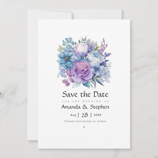 Zilver, Icy Blue en Lila Bloemenbruiloft Save The Date (Voorkant)