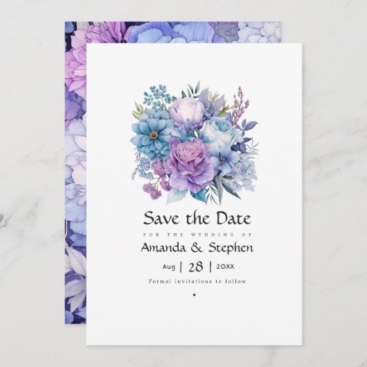 Zilver, Icy Blue en Lila Bloemenbruiloft Save The Date (Voorkant / Achterkant)