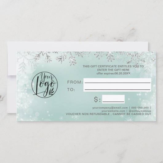 Zilver-ijsblauwe sneeuw-logo cadeaubon (Achterkant)