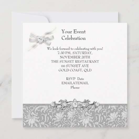 Zilver in reliëfdruk White Elegant Party Kaart (Achterkant)