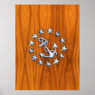 Zilver jacht vlag op Nautical Teak Wood Print