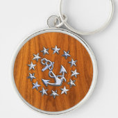 Zilver jacht vlag op Nautical Teak Wood Print Sleutelhanger (Voorkant)