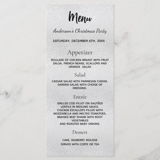 Zilver kerstfeest dinermenu menu (Voorkant)
